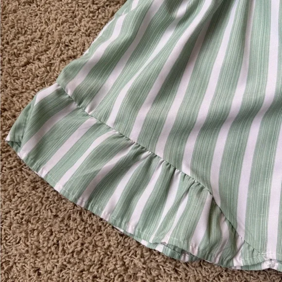 SHEIN Sage Green/White Striped Shorts Romper Button Down Removable Sash Tie - Picture 3 of 7